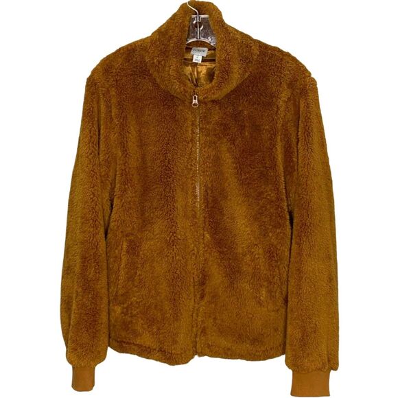 J. Crew Women's Jacket Fleece Sherpa Funnel Neck Teddy Brown Cozy Soft Zip Up L - Picture 1 of 7